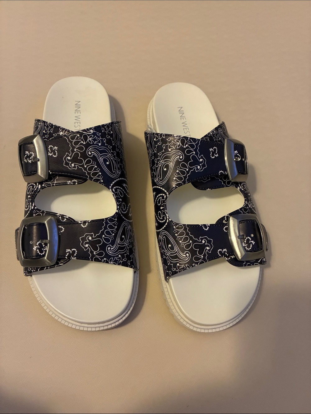 Nine West Blue and White Paisley Double-Buckle Slide Sandals with White Footbed